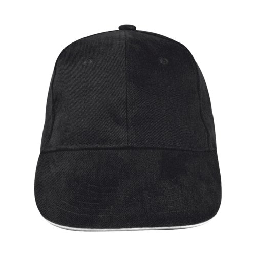 Cappellino da baseball nero in tessuto a sei pannelli.