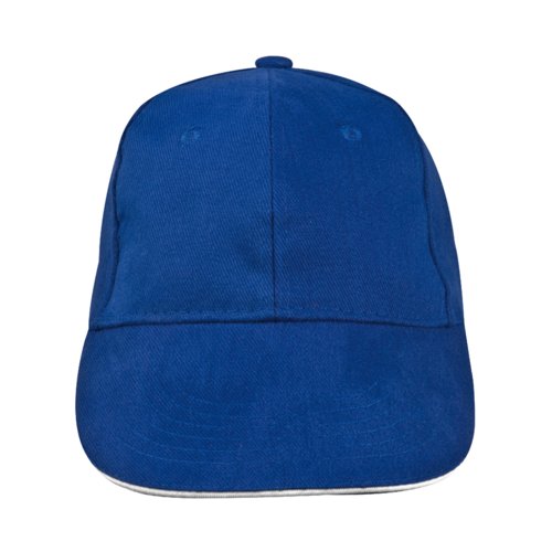 Cappellino da baseball blu a 6 pannelli in cotone con cinturino regolabile.