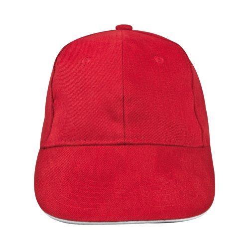 Cappellino da baseball rosso in tessuto a sei pannelli.