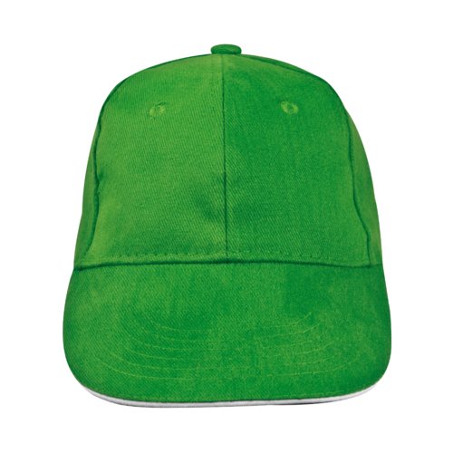 Cappellino da baseball verde in tessuto a sei pannelli.