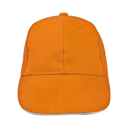 Cappellino da baseball arancione a 6 pannelli in tessuto con frontale rinforzato.