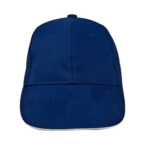 Cappellino da baseball in tessuto blu scuro a sei pannelli.