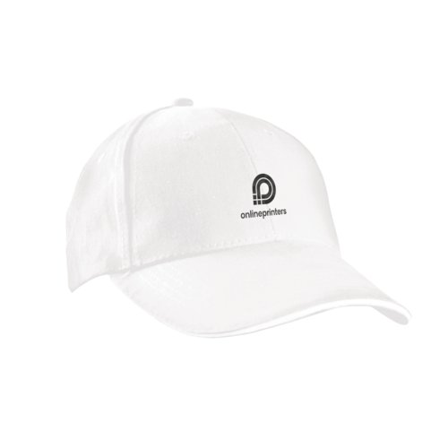 Cappellino da baseball bianco a sei pannelli con cinturino regolabile.