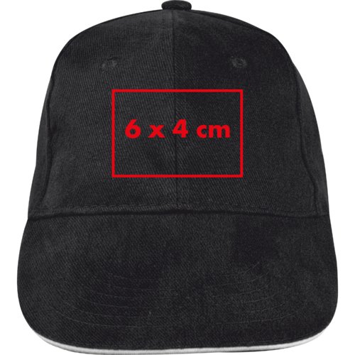 Cappellino da baseball nero in tessuto a sei pannelli con cinturino regolabile.