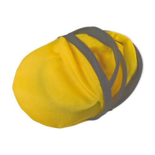 Frisbee pieghevole in tessuto giallo con supporti elastici.