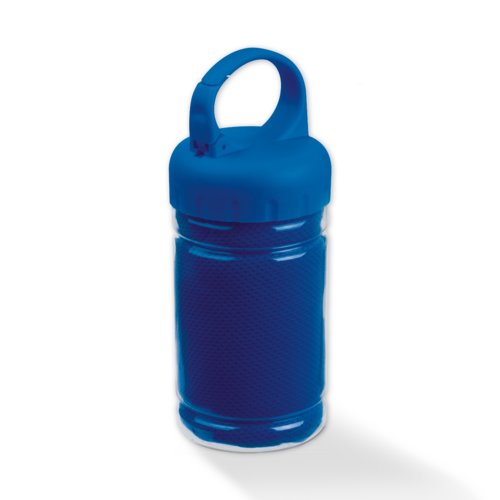 Asciugamano sportivo in tessuto blu con contenitore.