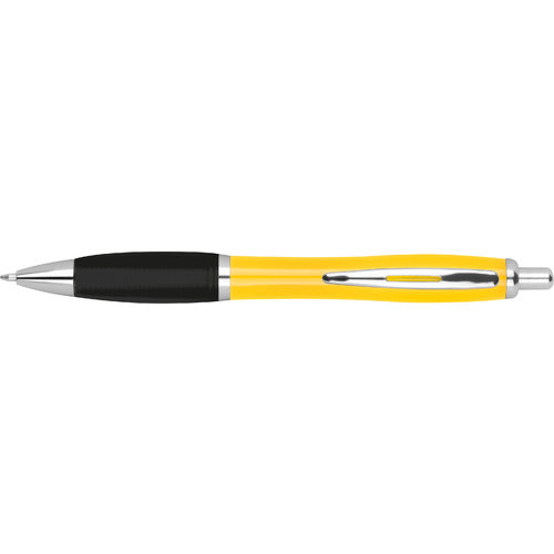 Penna a sfera gialla in ABS con clip e meccanismo a pressione.