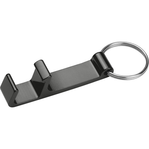 Portachiavi nero in metallo con apribottiglie e anello portachiavi.