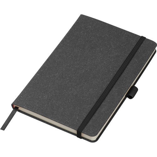 Quaderno nero con elastico e segnalibro.