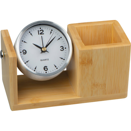 Portapenne in bamb beige con orologio integrato.