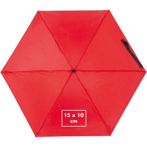 Mini ombrello rosso con meccanismo di apertura manuale.
