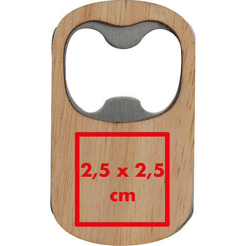 Apribottiglia in legno con inserto in metallo.