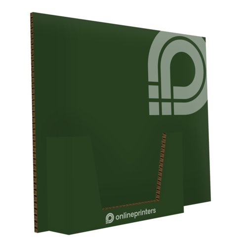 Espositore per brochure verde in cartone.
