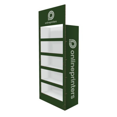Espositore a scaffale in cartone verde con cinque ripiani.