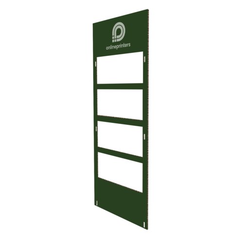 Espositore da scaffale verde con pannello frontale separato.