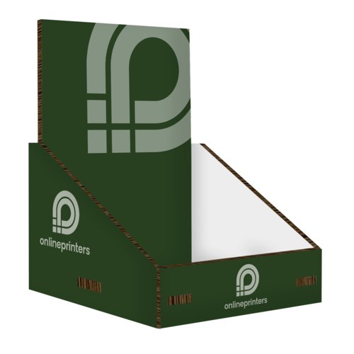 Espositore da banco in cartone verde.