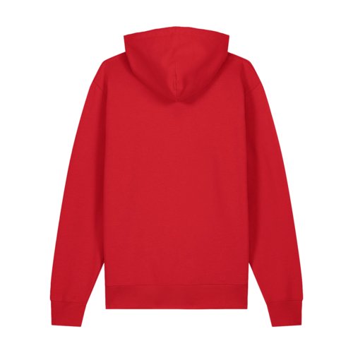 Felpa rossa in cotone organico, taglio unisex con cappuccio.