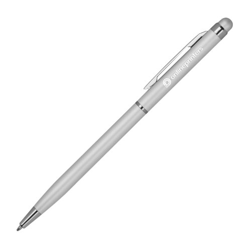 Penna a sfera in metallo color argento con touchpen e clip.