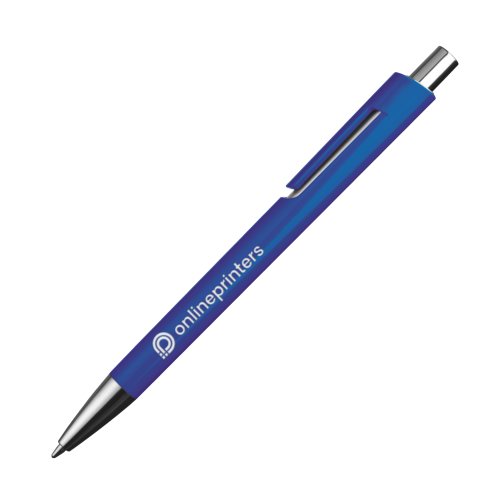 Penne a sfera blu in plastica con dettagli in metallo e clip.