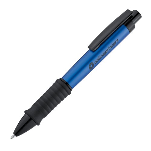 Penna a sfera in plastica blu con clip e impugnatura in gomma.