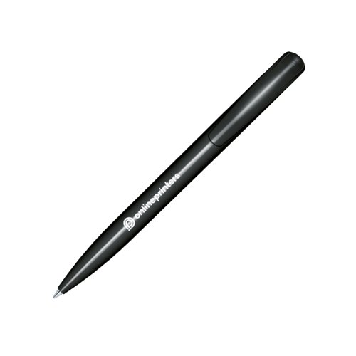 Penna a sfera nera in plastica con finitura lucida e clip.