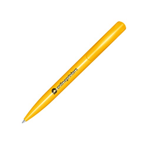 Penne a sfera giallo in plastica con finitura lucida e pulsante.