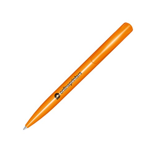 Penne a sfera arancione in plastica con finitura lucida e clip.
