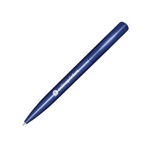 Penna a sfera in plastica blu scuro con finitura lucida e pulsante.