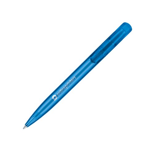 Penne a sfera in plastica blu con meccanismo a pulsante.