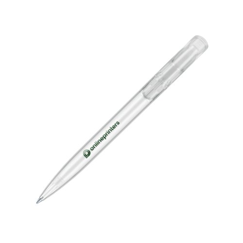 Penna a sfera in plastica bianca con pulsante e clip.
