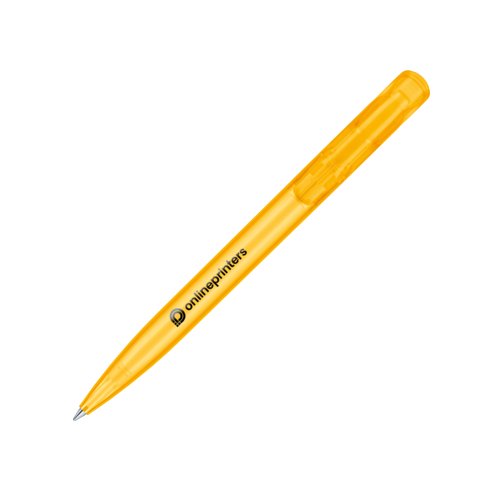 Penna a sfera in plastica gialla con meccanismo a scatto.