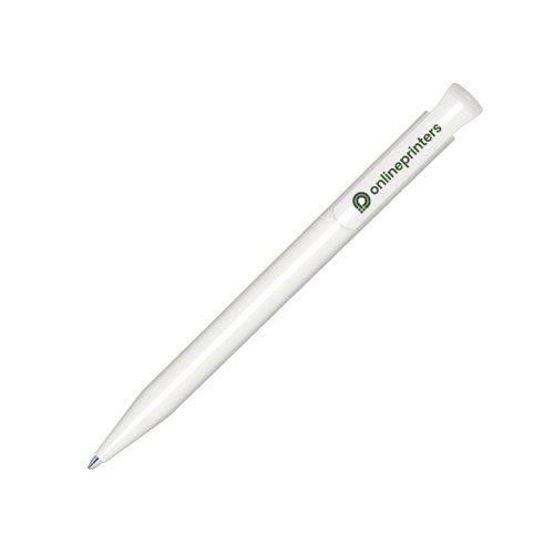 Penna a sfera bianca in plastica con finitura liscia e meccanismo a scatto.