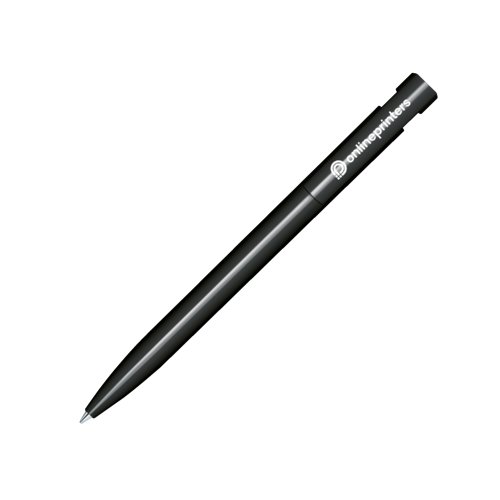 Penna a sfera in plastica nera con finitura lucida e pulsante.