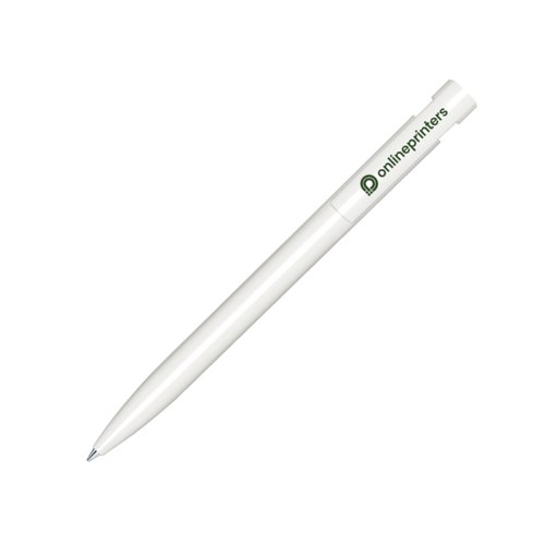 Penna a sfera in plastica bianca con meccanismo a scatto.
