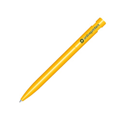 Penne a sfera a scatto gialla in plastica con finitura lucida e clip.