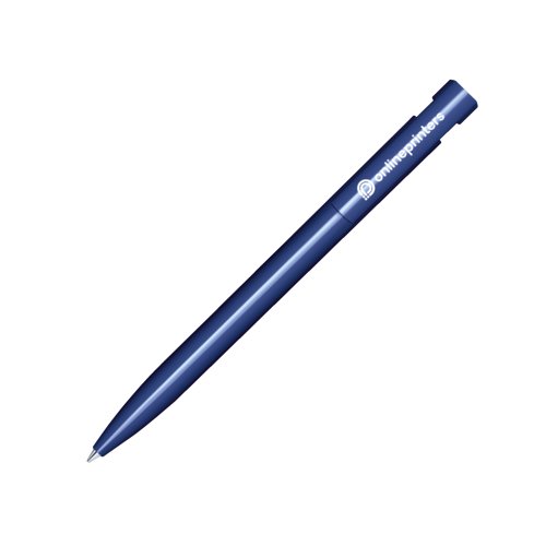 Penne a sfera in plastica blu scuro con finitura lucida e pulsante.