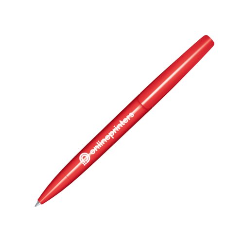 Penna a sfera rossa con finitura lucida e meccanismo a rotazione.