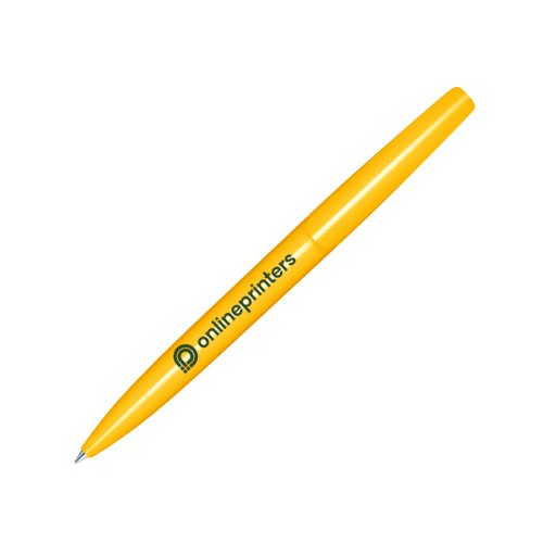 Penna a sfera a rotazione in plastica gialla con finitura lucida.