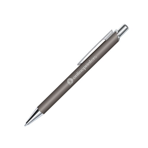 Penne a sfera grigia in plastica con superficie soft-touch e clip.