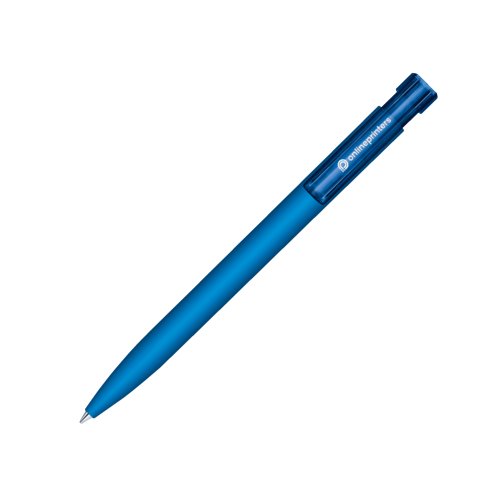 Penna a sfera blu con meccanismo a scatto e superficie soft-touch.