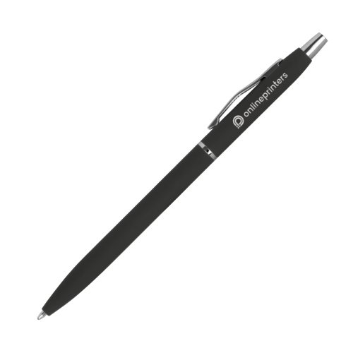 Penna a sfera in metallo nero con clip e pulsante.