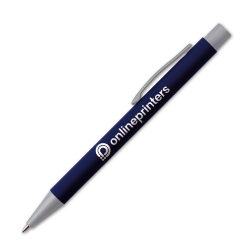 Penna a sfera blu scuro con clip e pulsante.