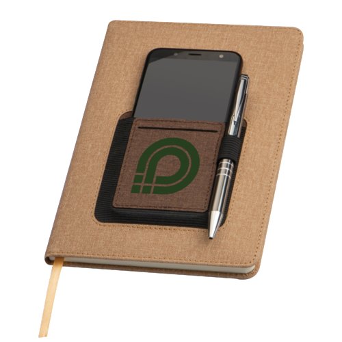 Quaderno beige con passante per penna e tasca.