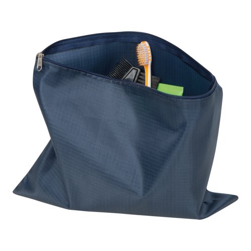 Set da viaggio blu scuro con cerniera. Include quattro pezzi.