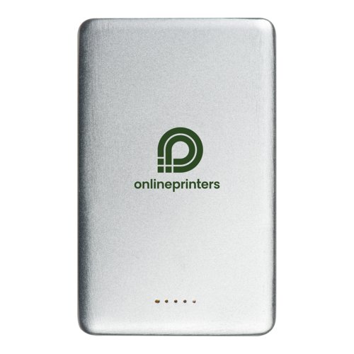 Power bank argento con porta USB per caricare dispositivi.