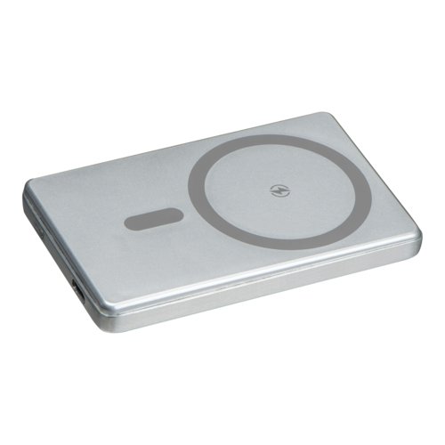 Power bank grigio con funzione di ricarica e porta USB.