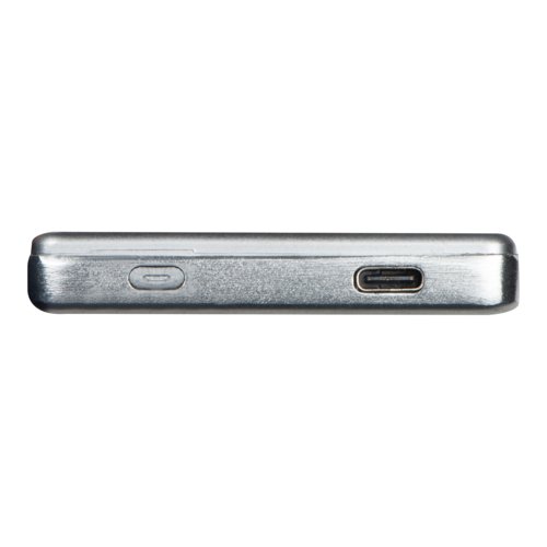 Power bank grigio con capacit di 5.000 mAh e porta USB.