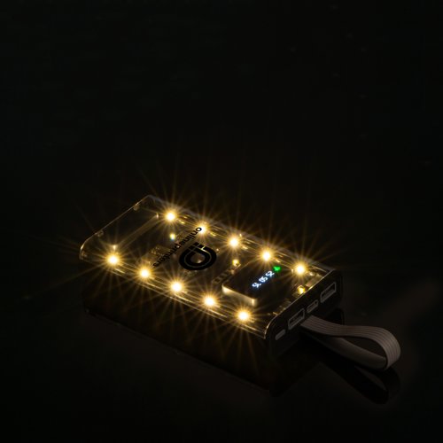 Power bank trasparente con porte USB e luci LED.