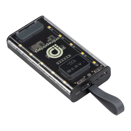 Power bank trasparente con porte USB e cinturino.