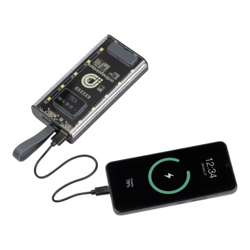 Power bank trasparente con porta USB e indicatore livello di carica.